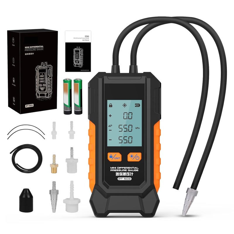 Autory Manometer Gas Pressure Tester -101 to 200KPa Mini Dual-Port Digital Manometer HVAC with 6 Measurement Units(PSI/kPa/mbar/bar/inHg/mmHg) Manometer Lp Gas Pressure Tester Auto Calibration Monometer - Image 1